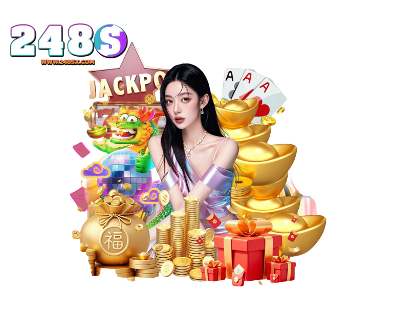 ภาพผู้หญิงแนวคาสิโนล้อมด้วยเหรียญทอง ของขวัญ และข้อความ 248S 0% CXP